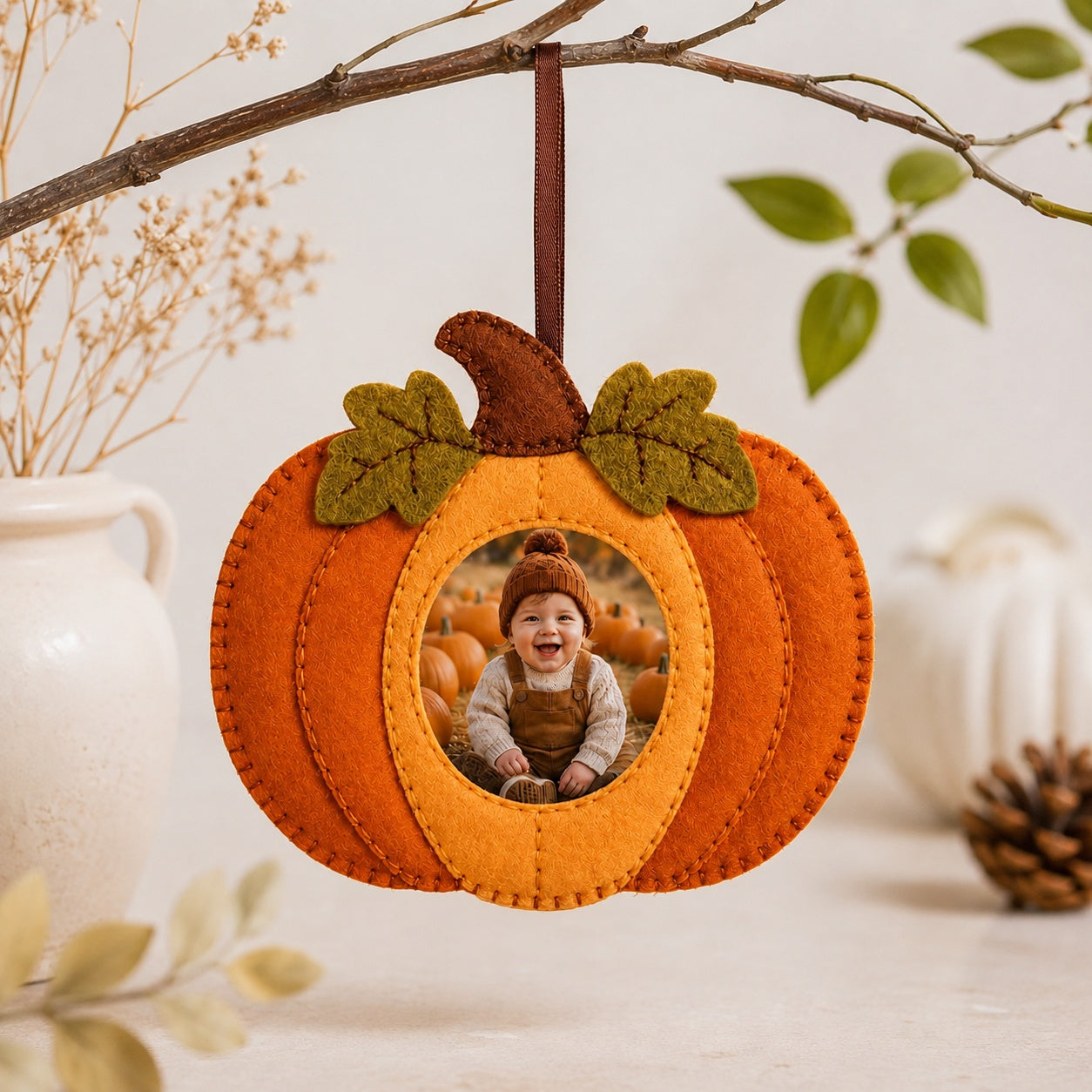 Custom Photo Pumpkin Felt Ornament, Ornament With Photo, Personalized Fall Decoration, Handmade Autumn Keepsake, Family Photo Pumpkin Ornament Gift NHFOR09