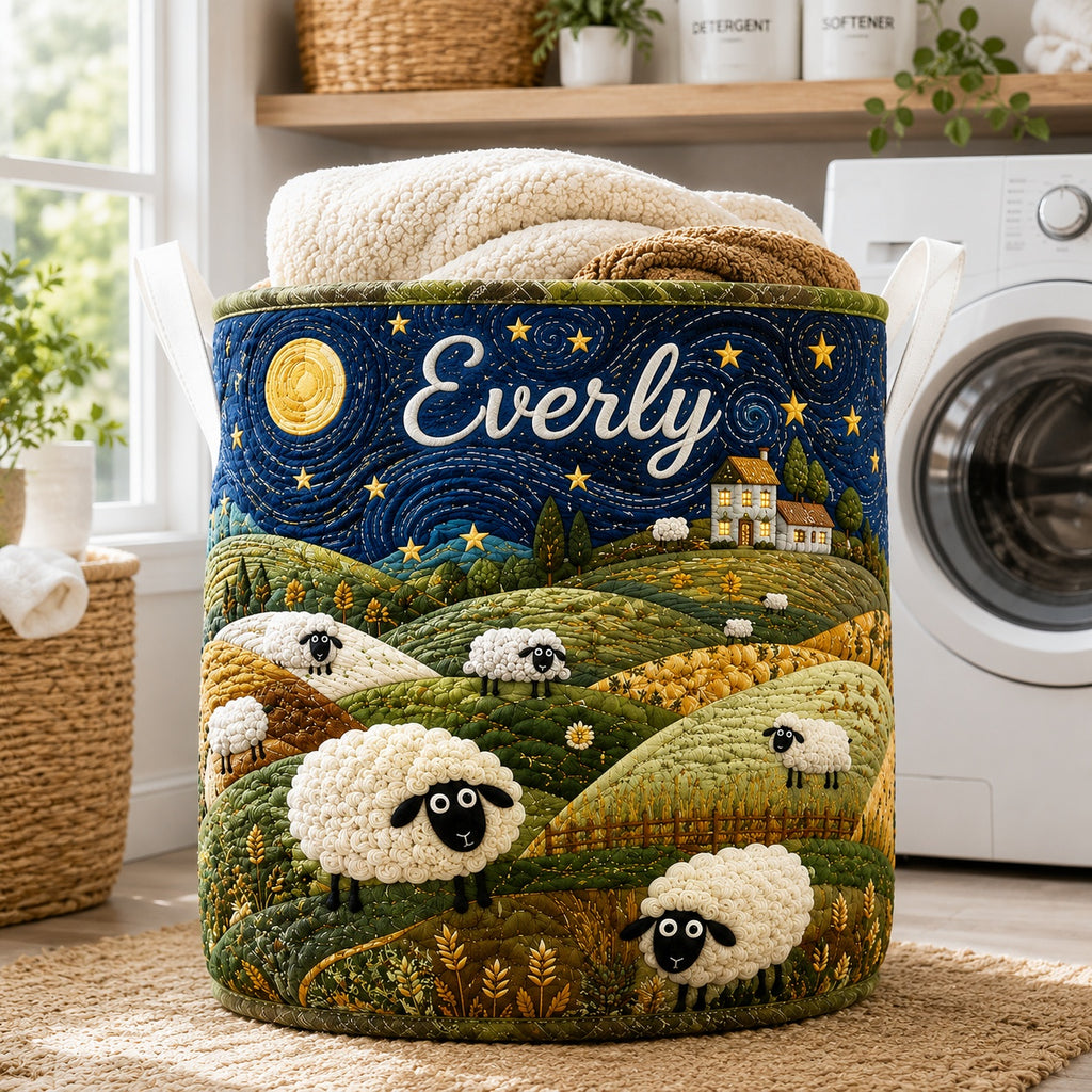 Cute Sheep Starry Night Pattern Quilted Laundry Basket, Custom Sheep Storage Hamper, Custom Name Quilted Basket, Laundry Room Decor, Fabric Clothes Basket QBK79