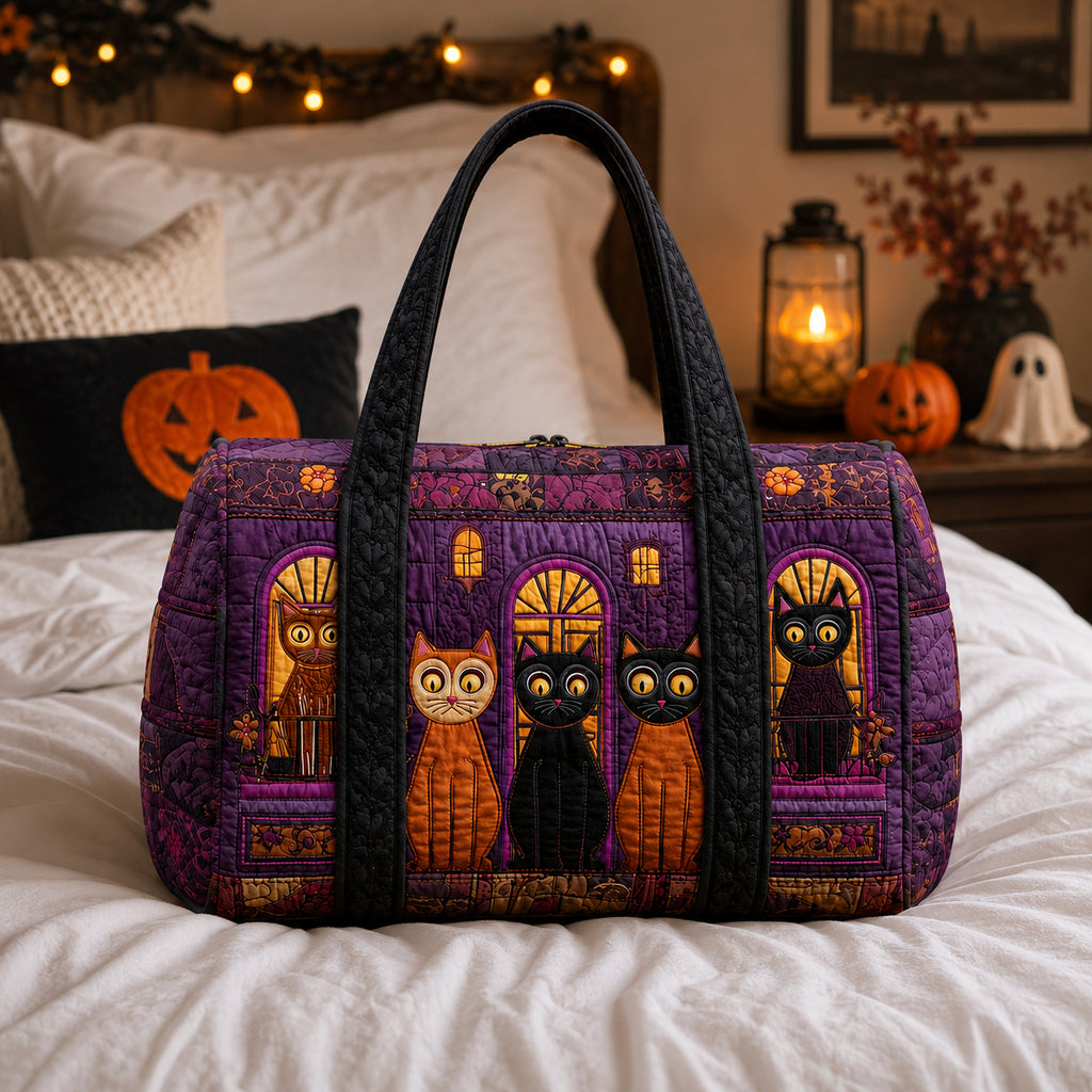 Halloween Cat Quilted Duffle Bag, Black Cat Witch Duffle Bag, Overnight Bag, Quilted Travel Bag, Quilted Weekend Bag, Custom Bag Gift DFB06