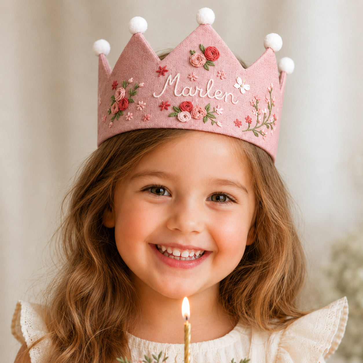 Hand-Embroidered Flower Linen Birthday Crown, Personalized Floral Name Keepsake, Birthday Crown For Kid, Custom Embroidered Crown EMC05