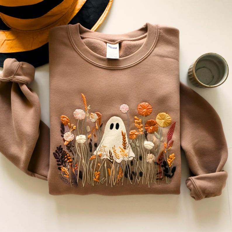 Embroidered Halloween Ghost Shirt, Spooky Wildflower Tee, Unisex Halloween Shirt, Funny Ghost Shirt HLEM06
