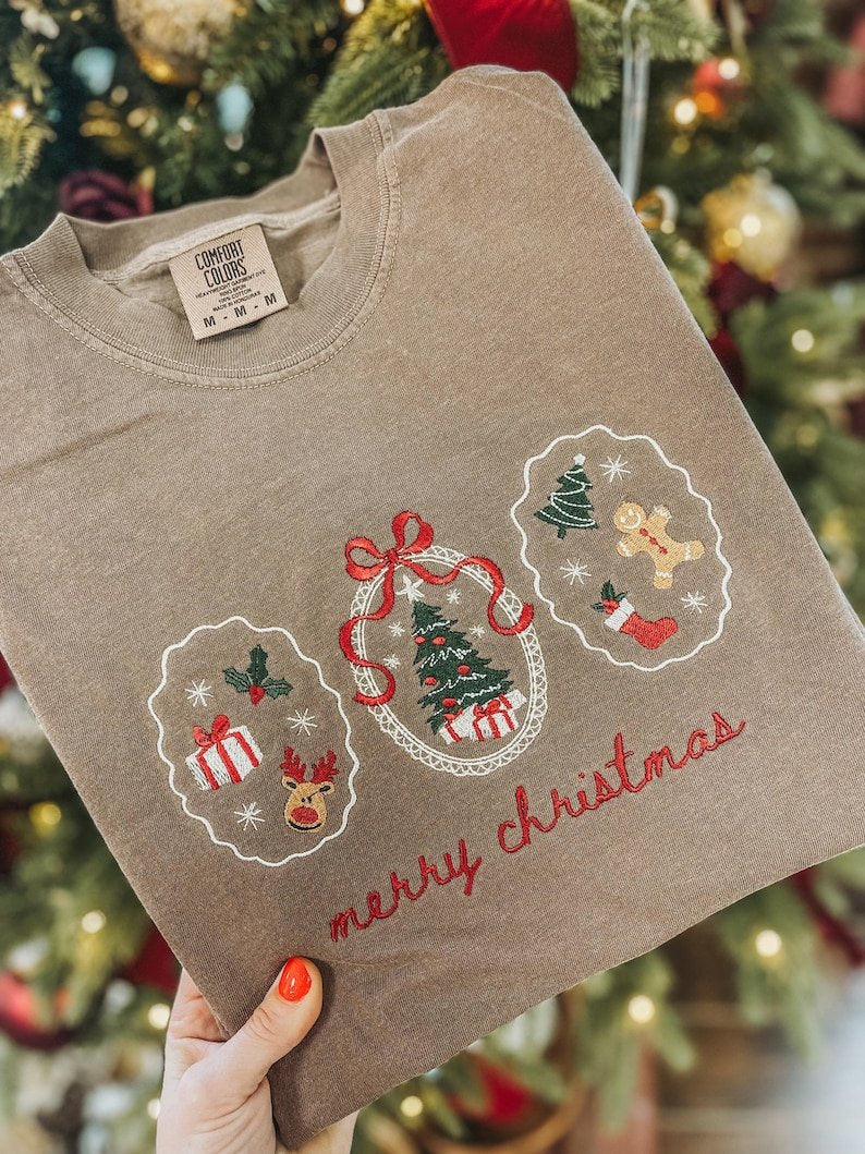 Holiday Christmas Sweatshirt with Embroidered Snowman, Pine Tree & Poinsettia, Winter Crewneck XMASS04