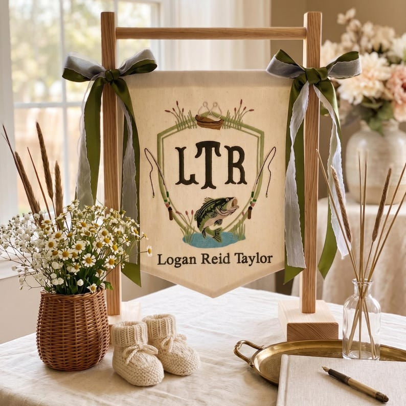 Personalized Fishing Baby Banner, Custom Bass Name Sign, Baby Boy Name Banner, Monogram Hospital Door Hanger, Fishing Baby Shower Gift BBFLAG06