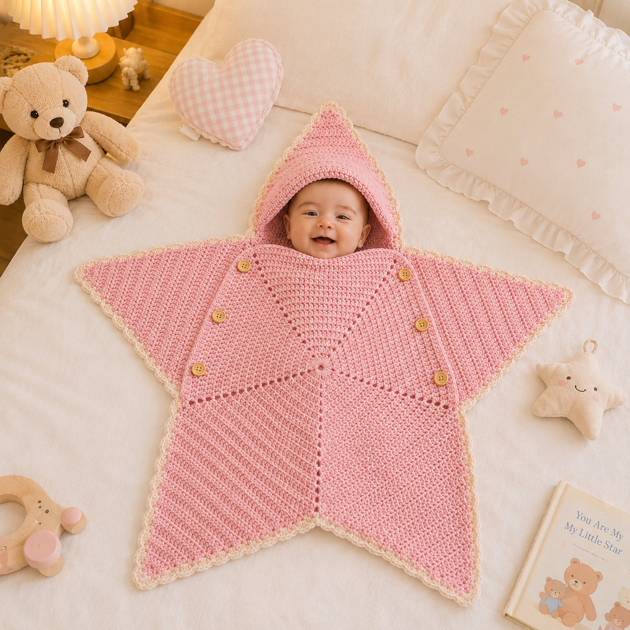 Personalized Star Baby Swaddle, Cute Baby Star Cocoon, Custom Baby Star Romper Sleep Sack, Hooded Newborn Wrap, Handmade Crochet Knit Outfit, Custom Name Baptism Baby Shower Gift BABYSR06