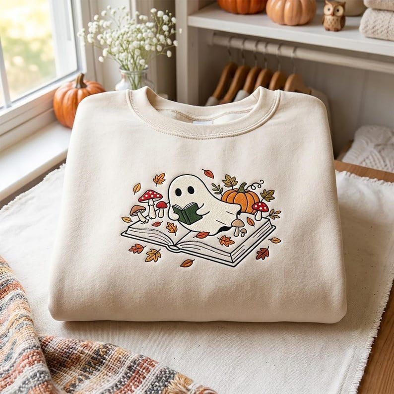 Embroidered Ghost On Book Shirt, Spooky Season Floral Mushroom Tee, Wildflowers Preppy Fall Shirt, Floral Ghost Shirt, Book Lover Gift HLNS06