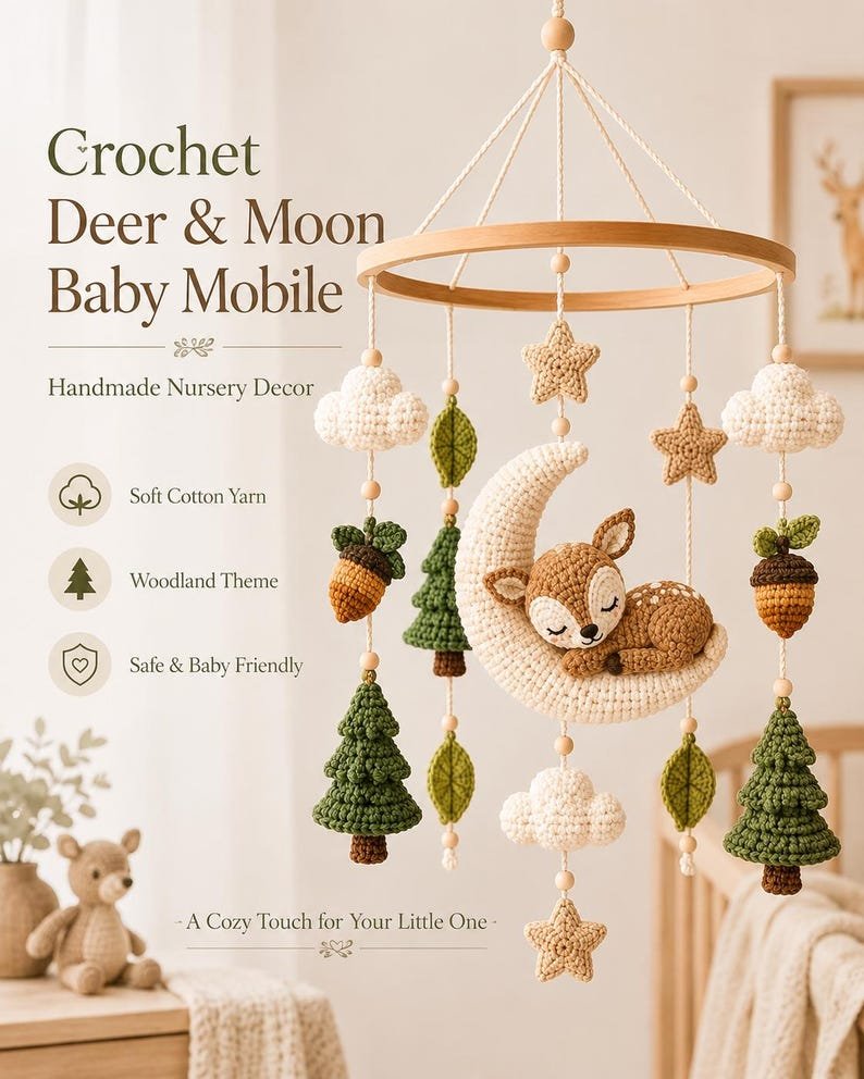 Deer And Moon Baby Crib Mobile, Handmade Crochet Woodland Mobile, Forest Nursery Decor, Deer Baby Mobile, Baby Shower Gift CrochetBBM05