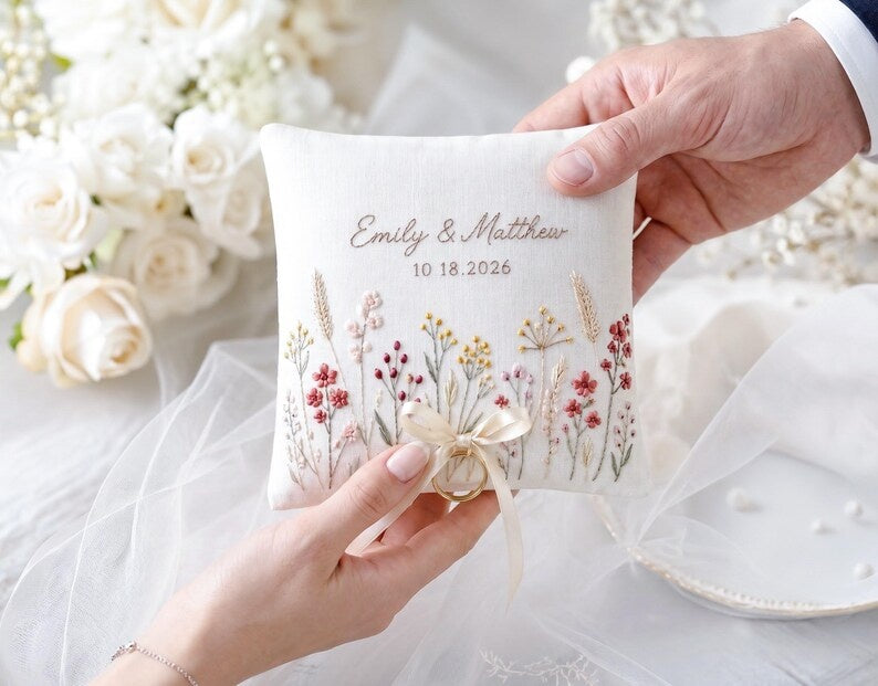 Personalized Embroidered Summer Floral Wedding Ring Bearer Pillow, Custom Wedding Ring Pillow, Wedding Keepsake Gift WPILLOW05