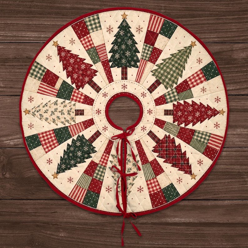 Christmas Tree Pattern Quilted Tree Skirt, Patchwork Xmas Tree Skirt, Holiday Decor, Xmas Tree Base Cover, Custom Tree Skirt XMASTS06