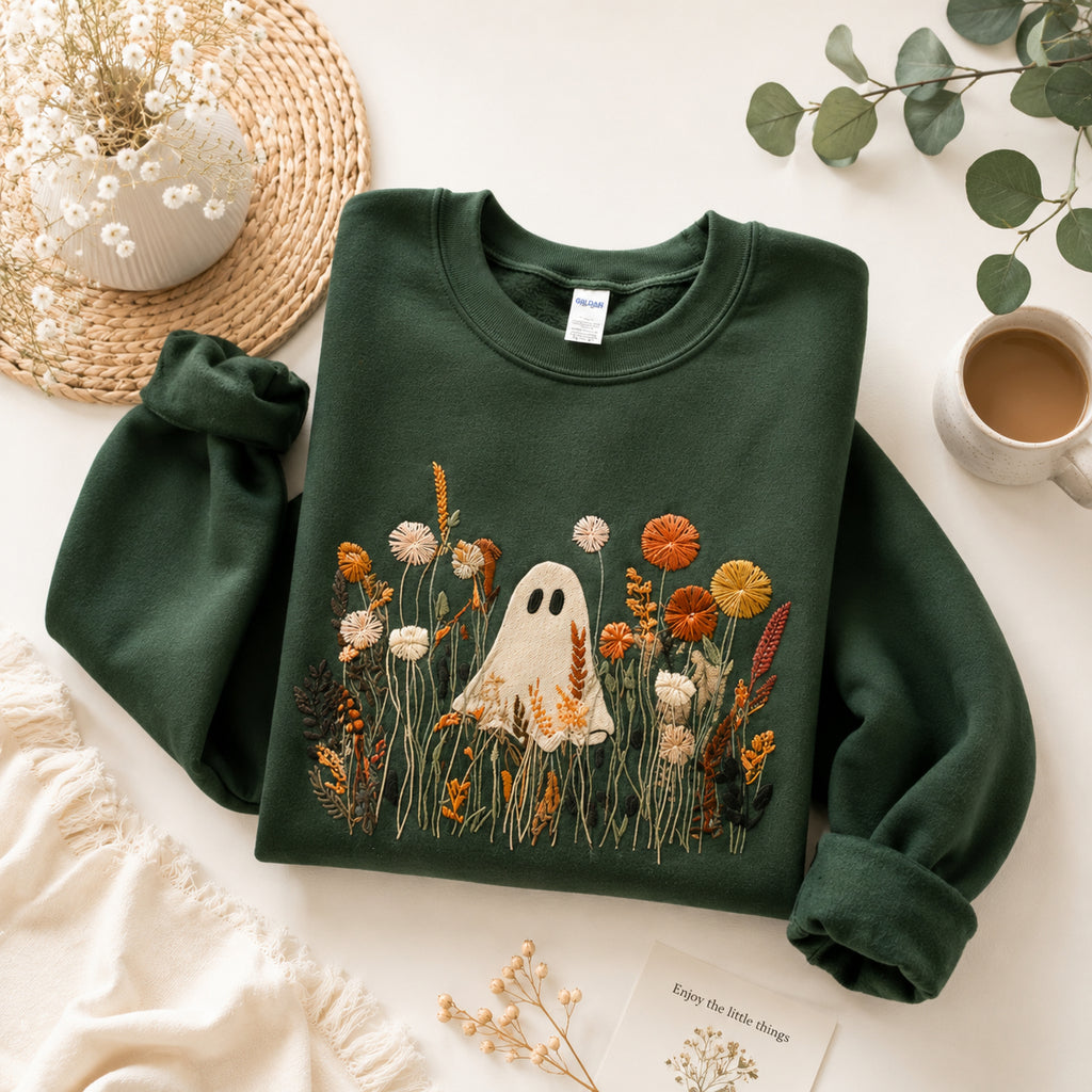 Embroidered Halloween Ghost Shirt, Spooky Wildflower Tee, Unisex Halloween Shirt, Funny Ghost Shirt HLEM06