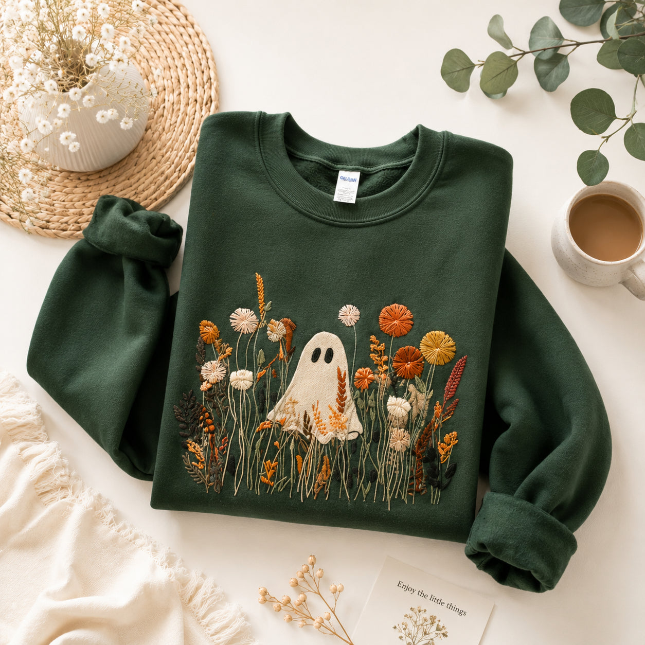 Embroidered Halloween Ghost Shirt, Spooky Wildflower Tee, Unisex Halloween Shirt, Funny Ghost Shirt HLEM06