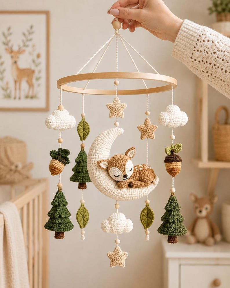 Deer And Moon Baby Crib Mobile, Handmade Crochet Woodland Mobile, Forest Nursery Decor, Deer Baby Mobile, Baby Shower Gift CrochetBBM05