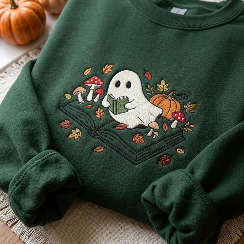 Embroidered Ghost On Book Shirt, Spooky Season Floral Mushroom Tee, Wildflowers Preppy Fall Shirt, Floral Ghost Shirt, Book Lover Gift HLNS06