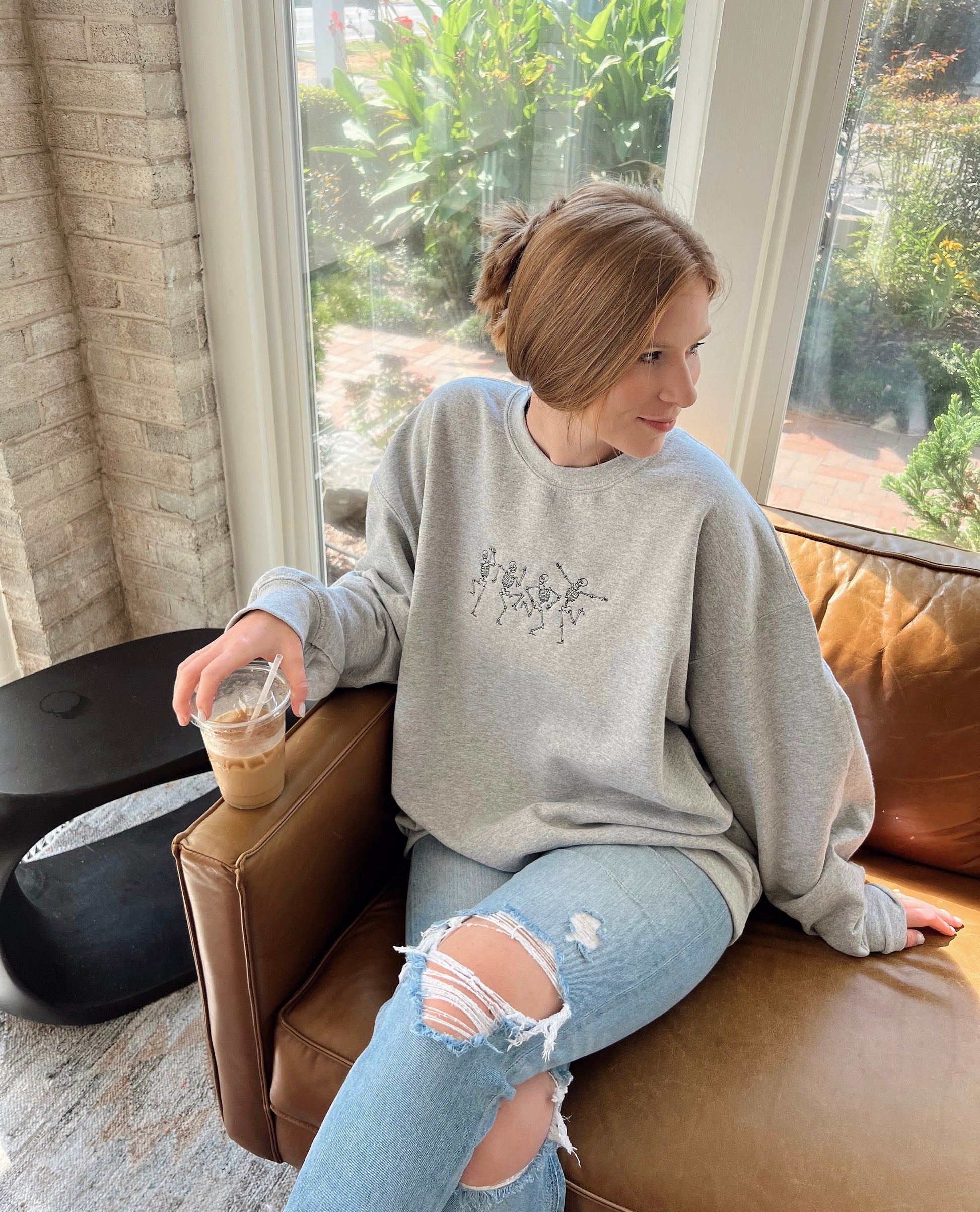 Dancing Skeleton Sweatshirt, embroidered Sweatshirt, embroidery, sweatshirt, embroidered crewneck, skeleton