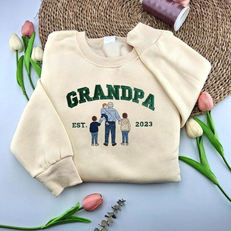 Embroidered Dad Grandpa Sweatshirt, Custom Father Shirt with Embroidered Photo, Personalized Dad Gift, Custom Embroidery T-shirt for Him