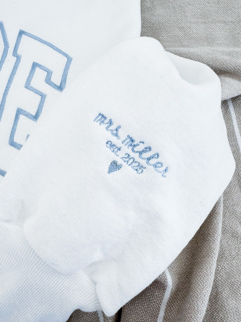 Personalized Bride Sweatshirt with Name and Wedding Date on Sleeve, Embroidered Bride Sweater, Bridal Shower Gifts, Engagement