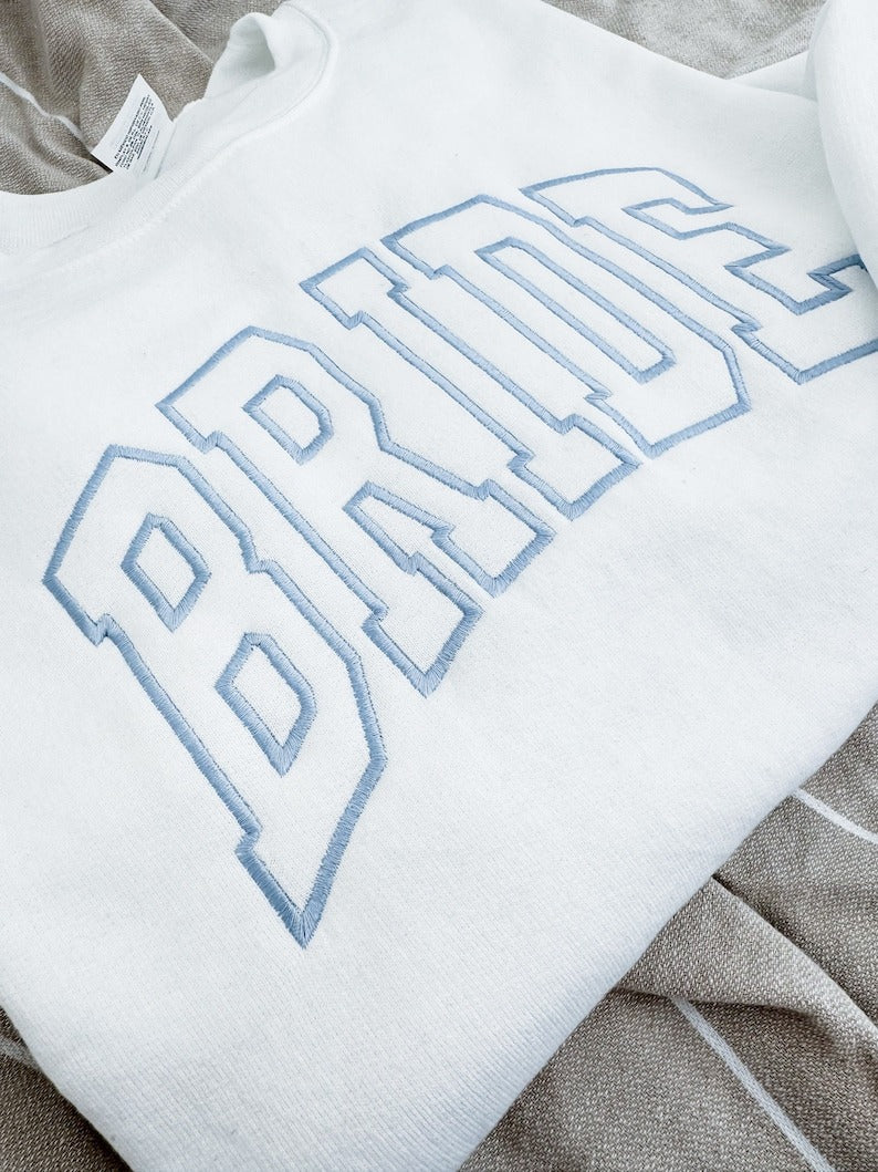 Personalized Bride Sweatshirt with Name and Wedding Date on Sleeve, Embroidered Bride Sweater, Bridal Shower Gifts, Engagement