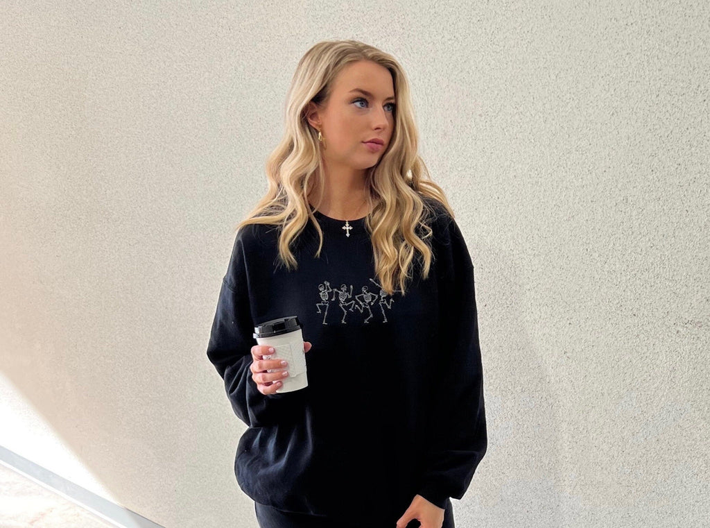Dancing Skeleton Sweatshirt, embroidered Sweatshirt, embroidery, sweatshirt, embroidered crewneck, skeleton