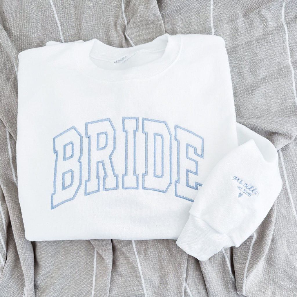 Personalized Bride Sweatshirt with Name and Wedding Date on Sleeve, Embroidered Bride Sweater, Bridal Shower Gifts, Engagement
