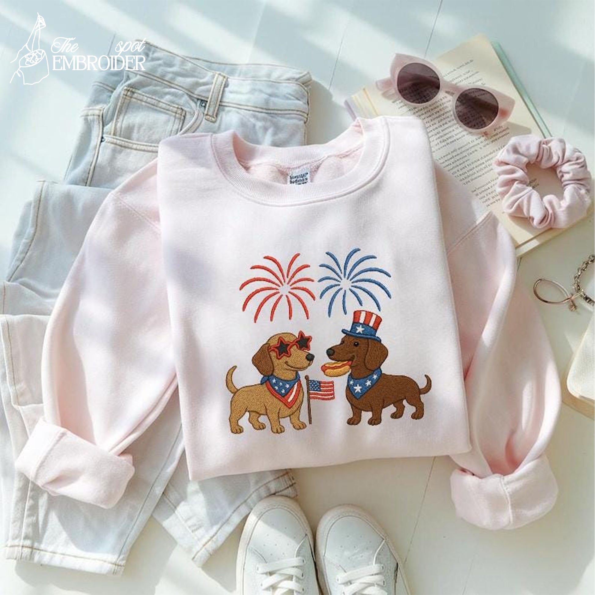 Patriotic Dachshunds Embroidery Shirt, 4th of July Pup with USA Flag, Independence Day Pet Embroidery Sweatshirt