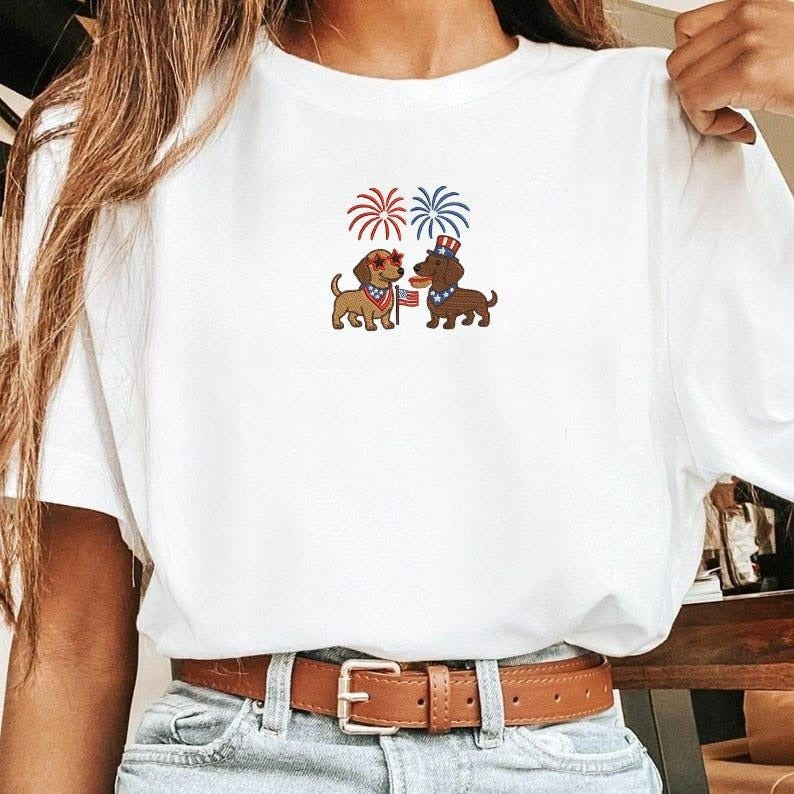Patriotic Dachshunds Embroidery Shirt, 4th of July Pup with USA Flag, Independence Day Pet Embroidery Sweatshirt