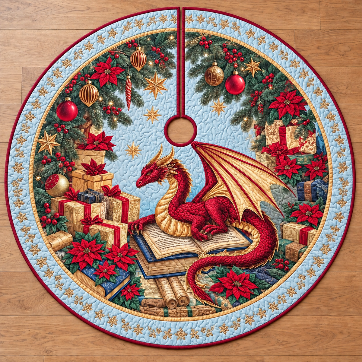Christmas Dragon Book Pattern Quilted Tree Skirt, Patchwork Xmas Tree Skirt, Holiday Decor, Xmas Tree Base Cover, Custom Tree Skirt XMASTS62