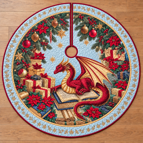 Christmas Dragon Book Pattern Quilted Tree Skirt, Patchwork Xmas Tree Skirt, Holiday Decor, Xmas Tree Base Cover, Custom Tree Skirt XMASTS62