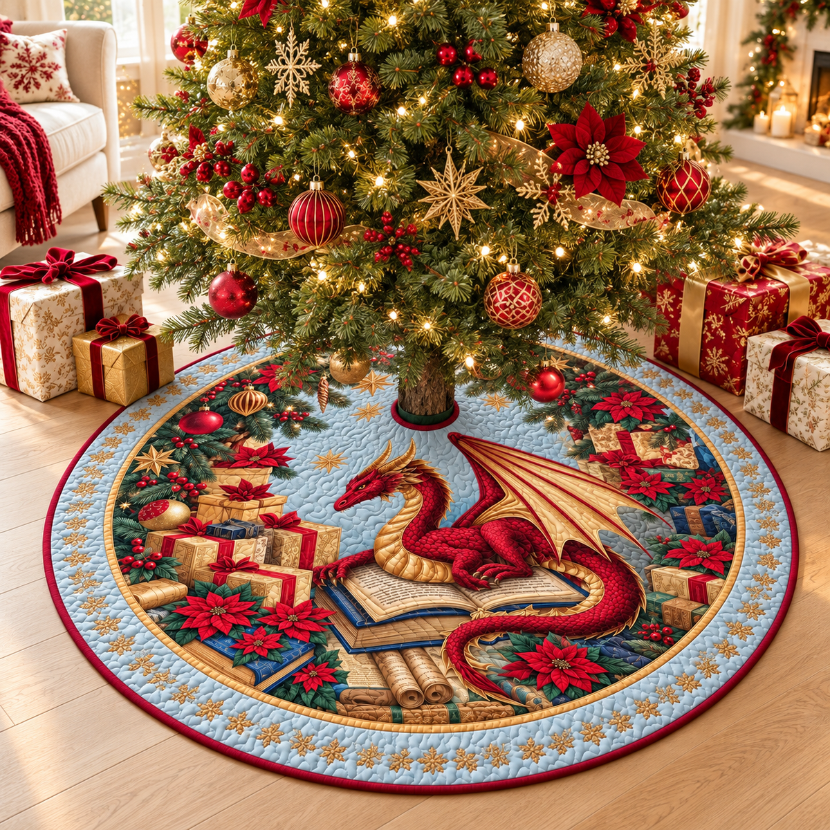 Christmas Dragon Book Pattern Quilted Tree Skirt, Patchwork Xmas Tree Skirt, Holiday Decor, Xmas Tree Base Cover, Custom Tree Skirt XMASTS62