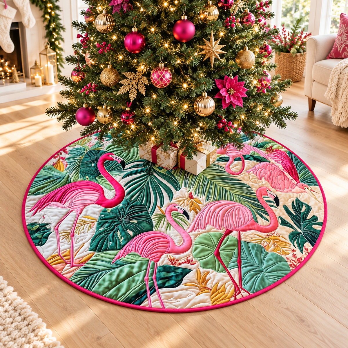 Flamingo Pattern Quilted Tree Skirt, Patchwork Xmas Tree Skirt, Holiday Decor, Xmas Tree Base Cover, Custom Tree Skirt XMASTS63