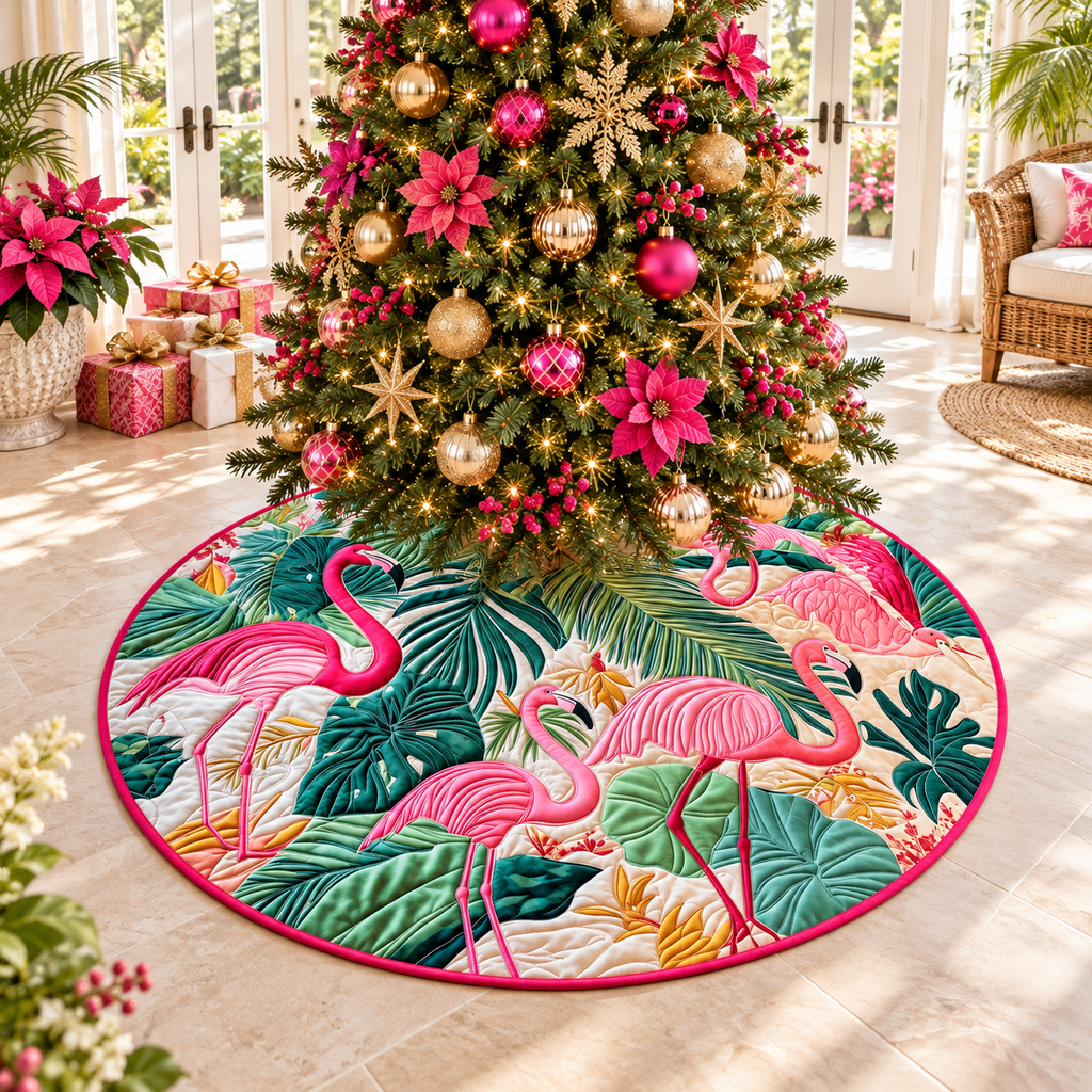 Flamingo Pattern Quilted Tree Skirt, Patchwork Xmas Tree Skirt, Holiday Decor, Xmas Tree Base Cover, Custom Tree Skirt XMASTS63