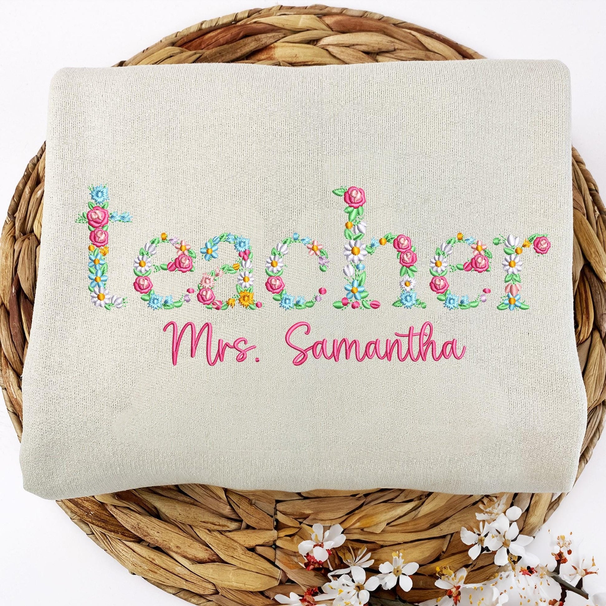 Custom Floral Teacher Sweatshirt, Embroidered Floral Letter Teacher Shirt With Name, Proud Teacher Shirt, Teacher Gift, Back To School