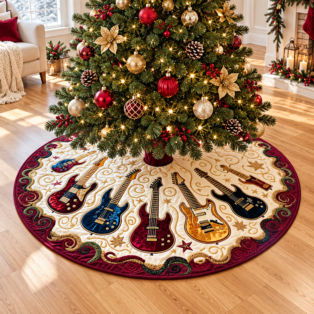 Guitar Pattern Quilted Tree Skirt, Patchwork Xmas Tree Skirt, Holiday Decor, Xmas Tree Base Cover, Custom Tree Skirt XMASTS64
