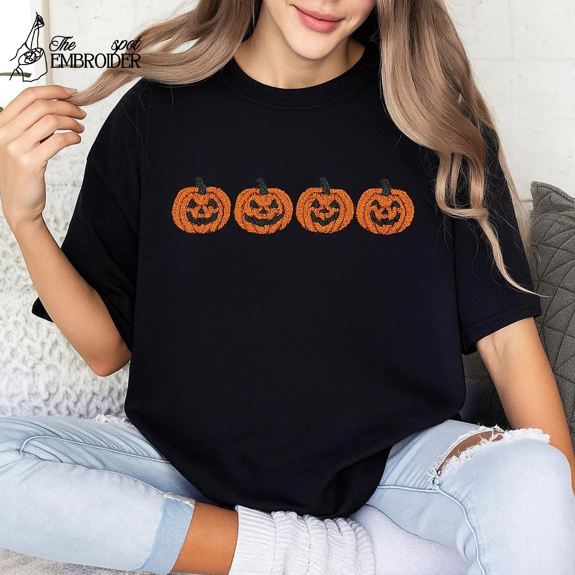 Embroidered Pumpkin T-Shirt, Halloween Sweatshirt, Jack-o-Lantern T-Shirt, Fall T-Shirt, Spooky Season T-Shirt, Halloween Hoodie