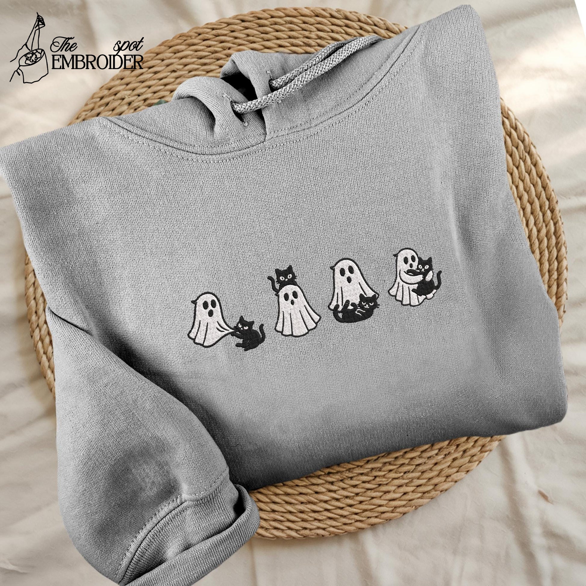 Embroidered Halloween Black Cat Ghost Shirt, Halloween Ghost Sweatshirt, Spooky Season Cat Tee, Halloween Cute Women Outfit, Halloween Gift