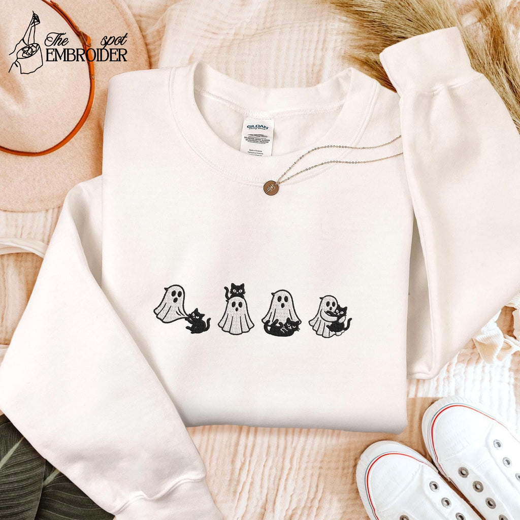 Embroidered Halloween Black Cat Ghost Shirt, Halloween Ghost Sweatshirt, Spooky Season Cat Tee, Halloween Cute Women Outfit, Halloween Gift