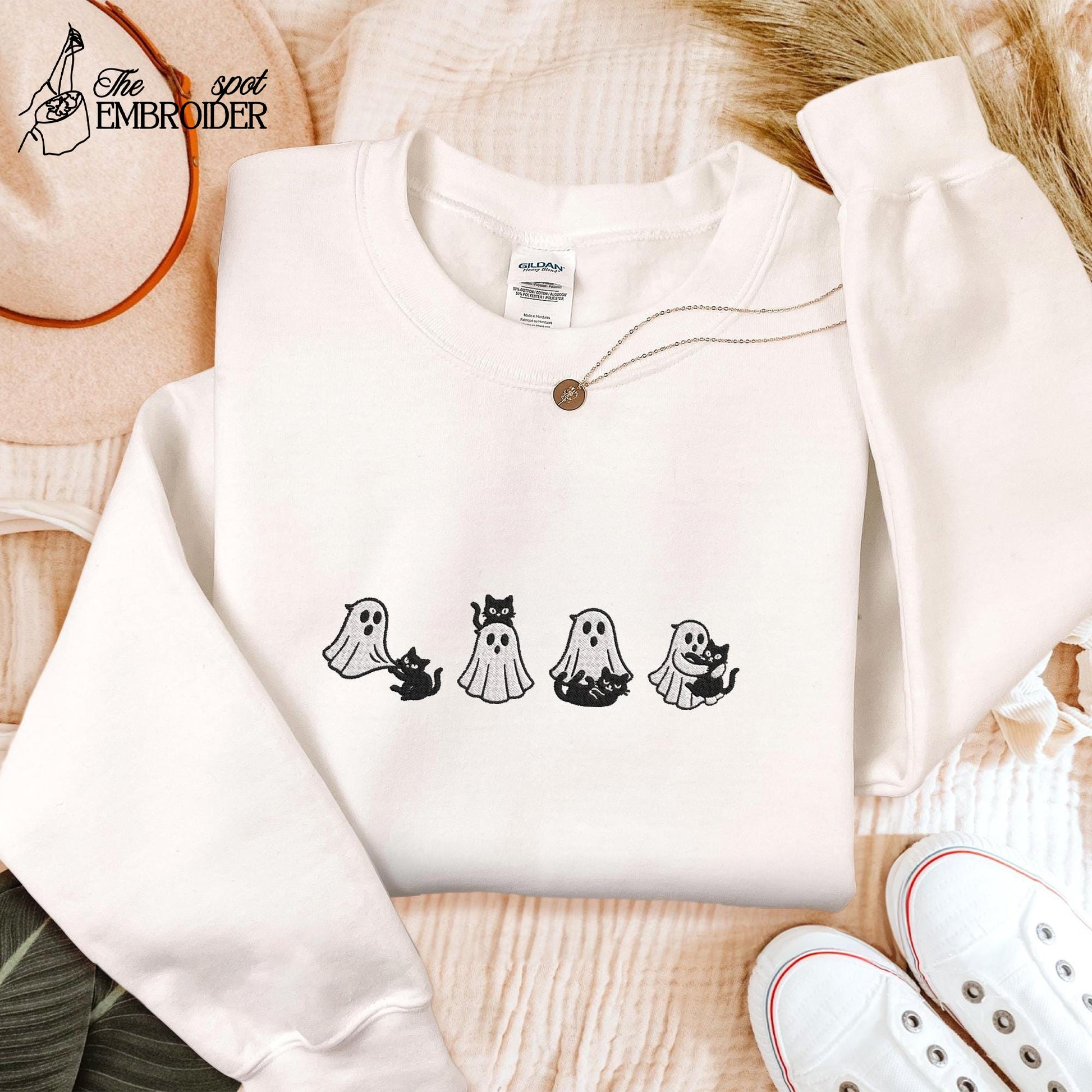 Embroidered Halloween Black Cat Ghost Shirt, Halloween Ghost Sweatshirt, Spooky Season Cat Tee, Halloween Cute Women Outfit, Halloween Gift
