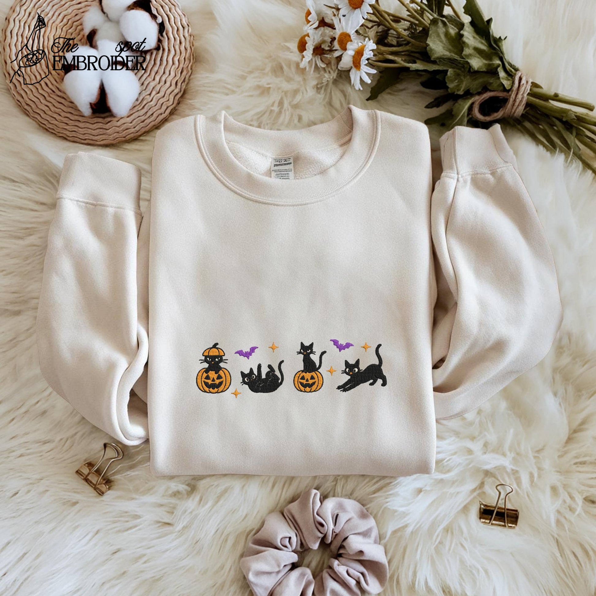 Halloween Black Cat Embroidery Sweatshirt, Pumpkin Fall T-Shirt, Halloween Hoodie, Cute Autumn Spooky Season Tee, Bat Tee Top, Cat Lover Gift
