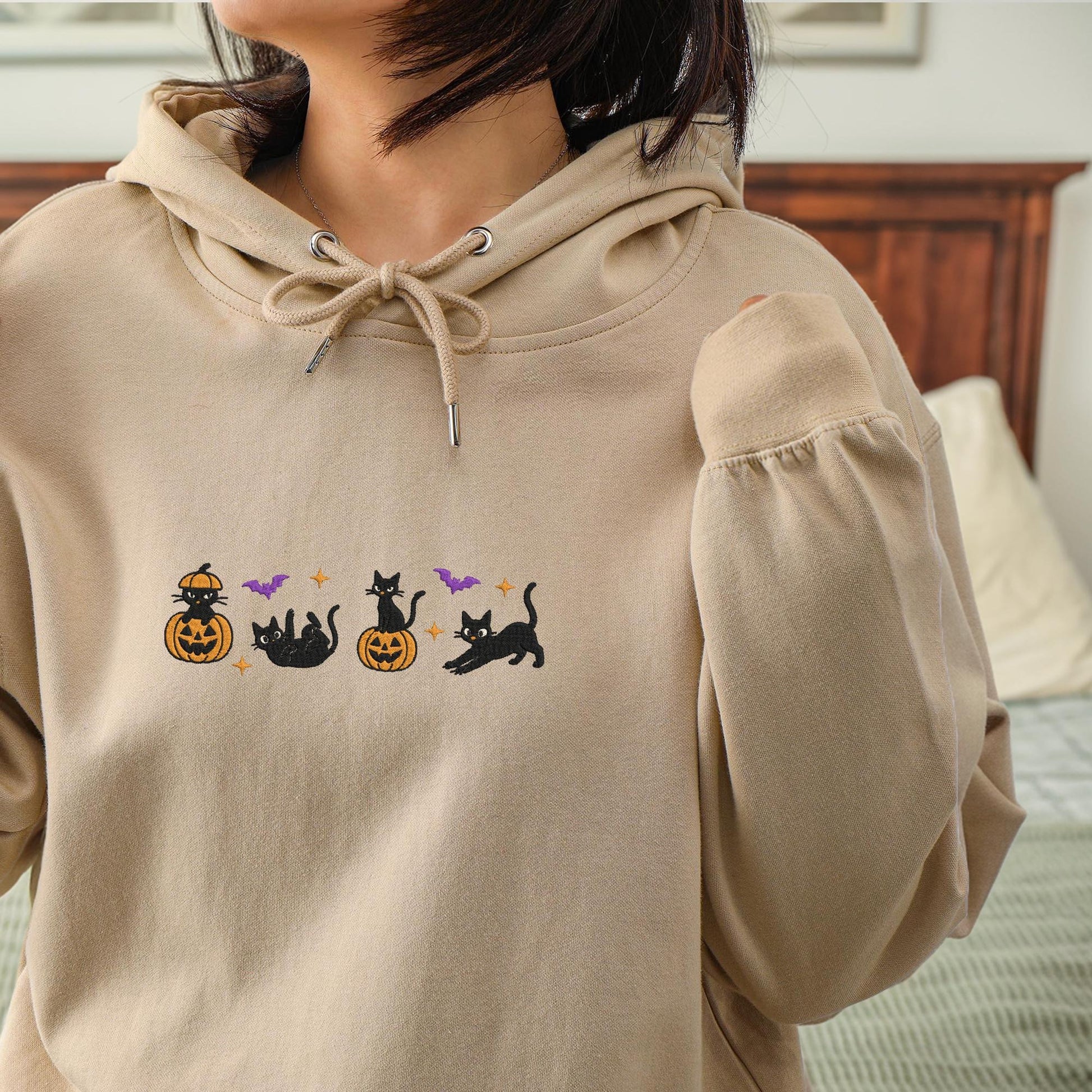 Halloween Black Cat Embroidery Sweatshirt, Pumpkin Fall T-Shirt, Halloween Hoodie, Cute Autumn Spooky Season Tee, Bat Tee Top, Cat Lover Gift