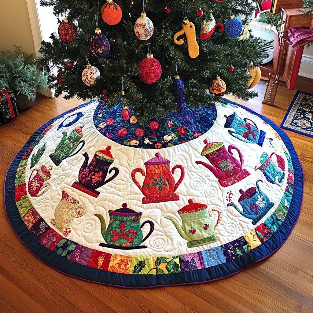 Christmas Teapot Pattern Quilted Tree Skirt, Patchwork Xmas Tree Skirt, Holiday Decor, Xmas Tree Base Cover, Custom Tree Skirt XMASTS68