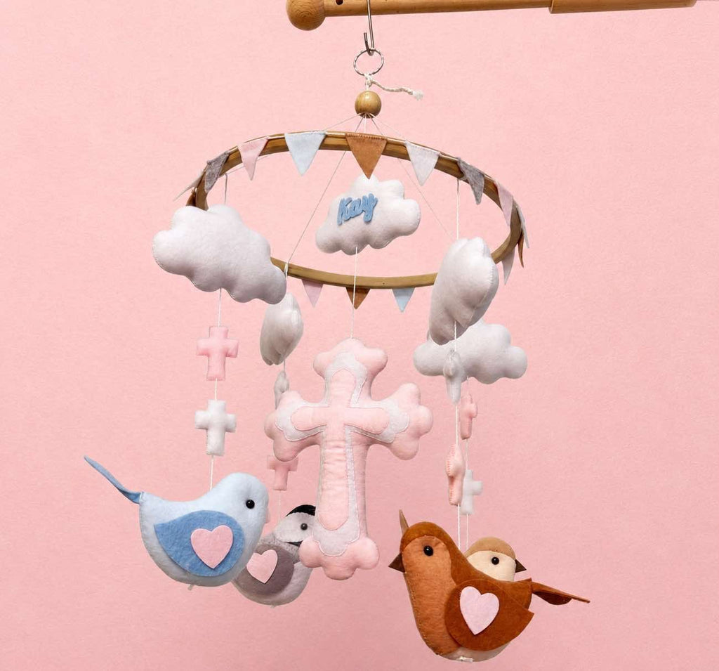 Personalized Pink Christian Cross Felt Baby Mobile, Handmade Bird Nursery Crib Mobile, Baptism Gift and Baby Girl Room Decor BBMB15