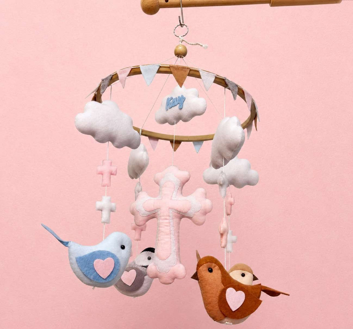 Personalized Pink Christian Cross Felt Baby Mobile, Handmade Bird Nursery Crib Mobile, Baptism Gift and Baby Girl Room Decor BBMB15