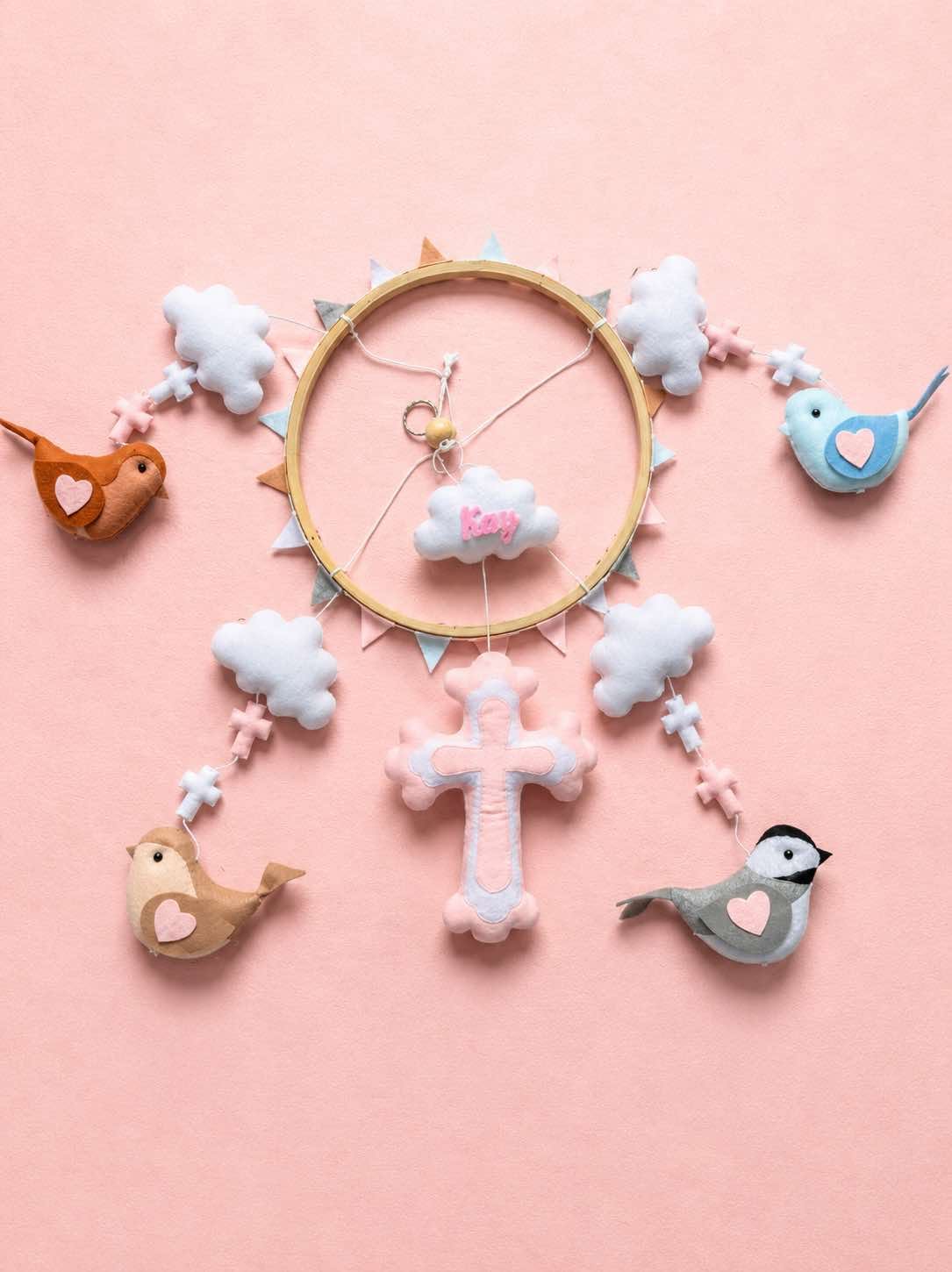 Personalized Pink Christian Cross Felt Baby Mobile, Handmade Bird Nursery Crib Mobile, Baptism Gift and Baby Girl Room Decor BBMB15