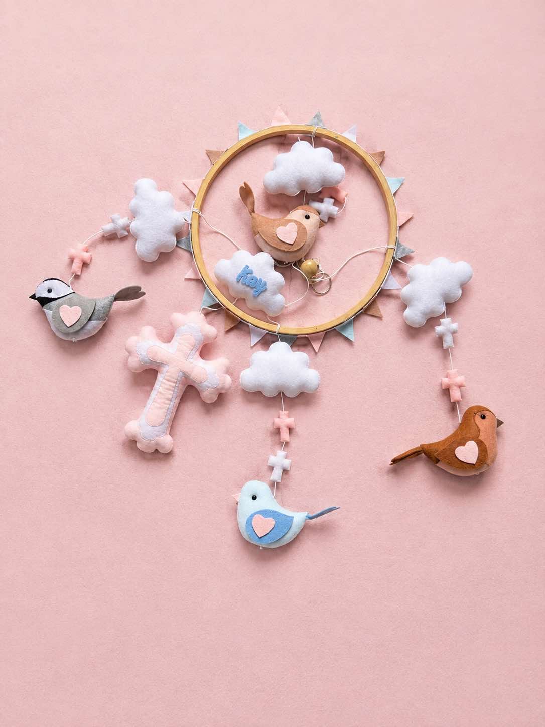 Personalized Pink Christian Cross Felt Baby Mobile, Handmade Bird Nursery Crib Mobile, Baptism Gift and Baby Girl Room Decor BBMB15