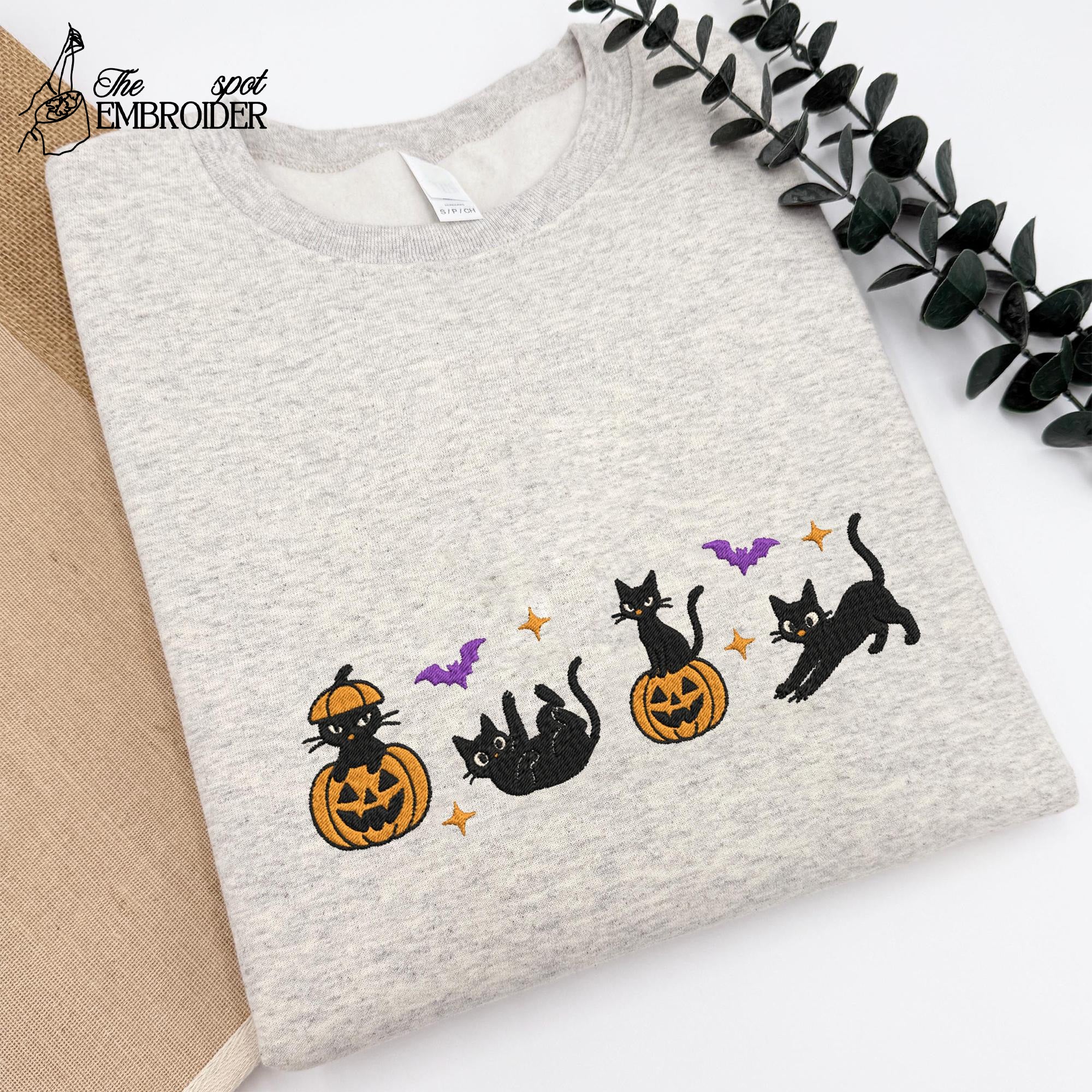 Halloween Black Cat Embroidery Sweatshirt, Pumpkin Fall T-Shirt, Halloween Hoodie, Cute Autumn Spooky Season Tee, Bat Tee Top, Cat Lover Gift
