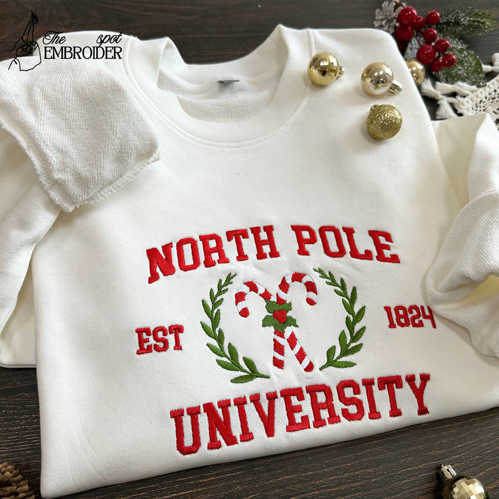 North Pole University Embroidered Sweatshirt, Christmas Embroidery,Christmas Embroidered Hoodie, Christmas Candy Sweater,Christmas Gift