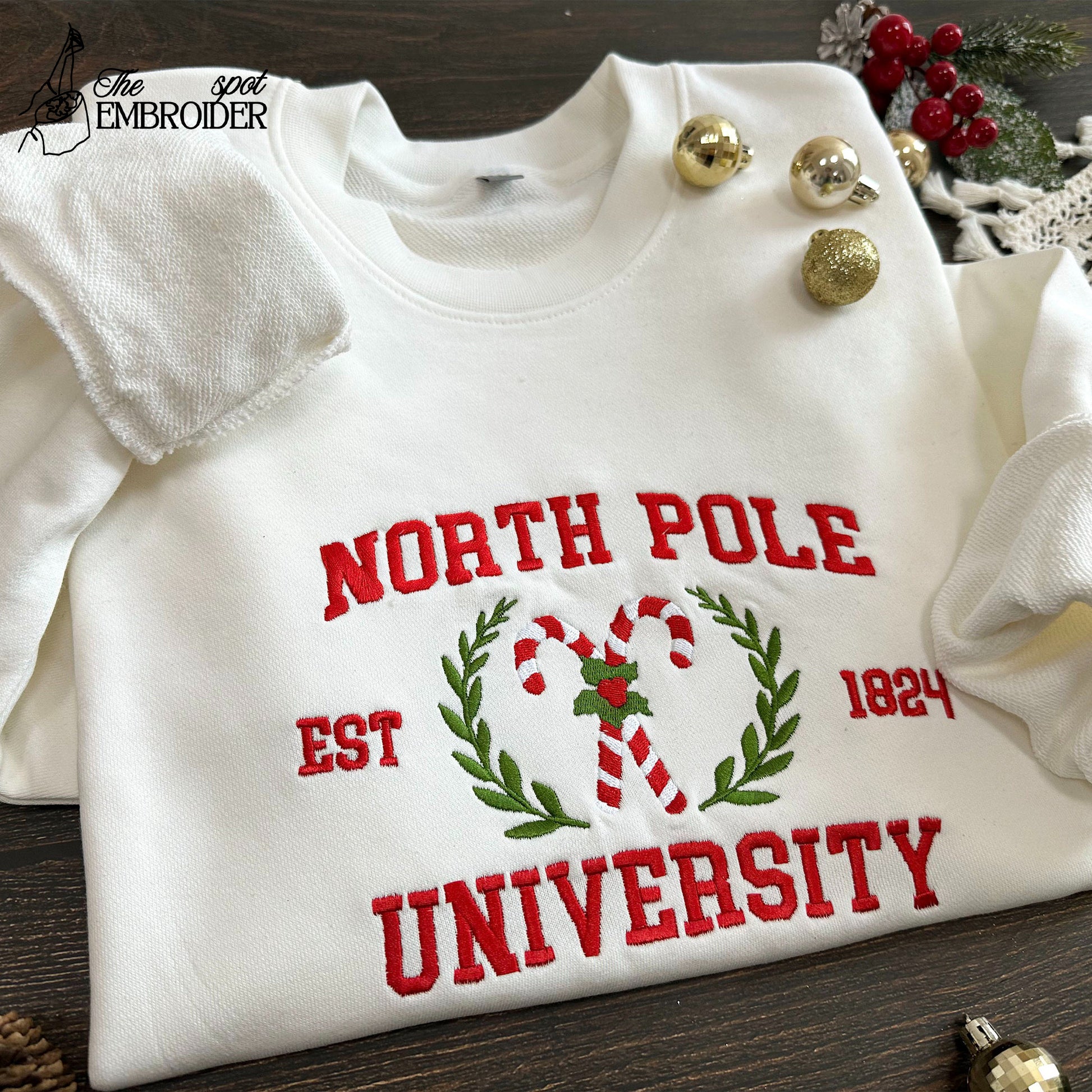 North Pole University Embroidered Sweatshirt, Christmas Embroidery,Christmas Embroidered Hoodie, Christmas Candy Sweater,Christmas Gift