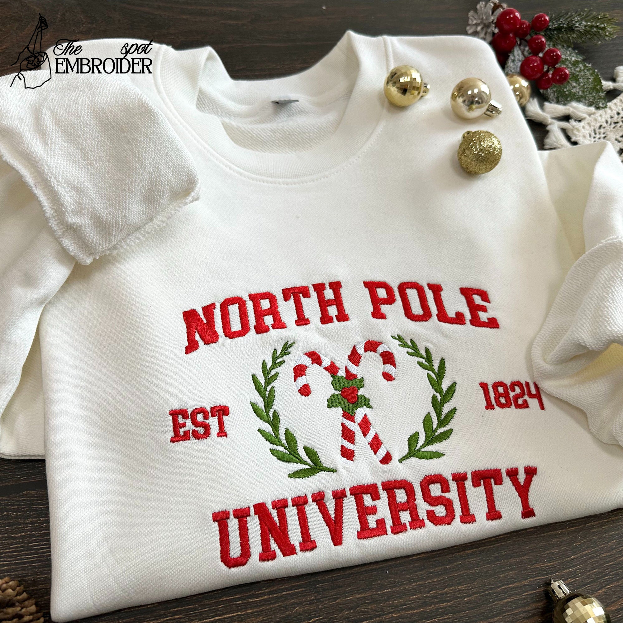 North Pole University Embroidered Sweatshirt, Christmas Embroidery, Christmas Embroidered Hoodie, Christmas Candy Sweater, Christmas Gift