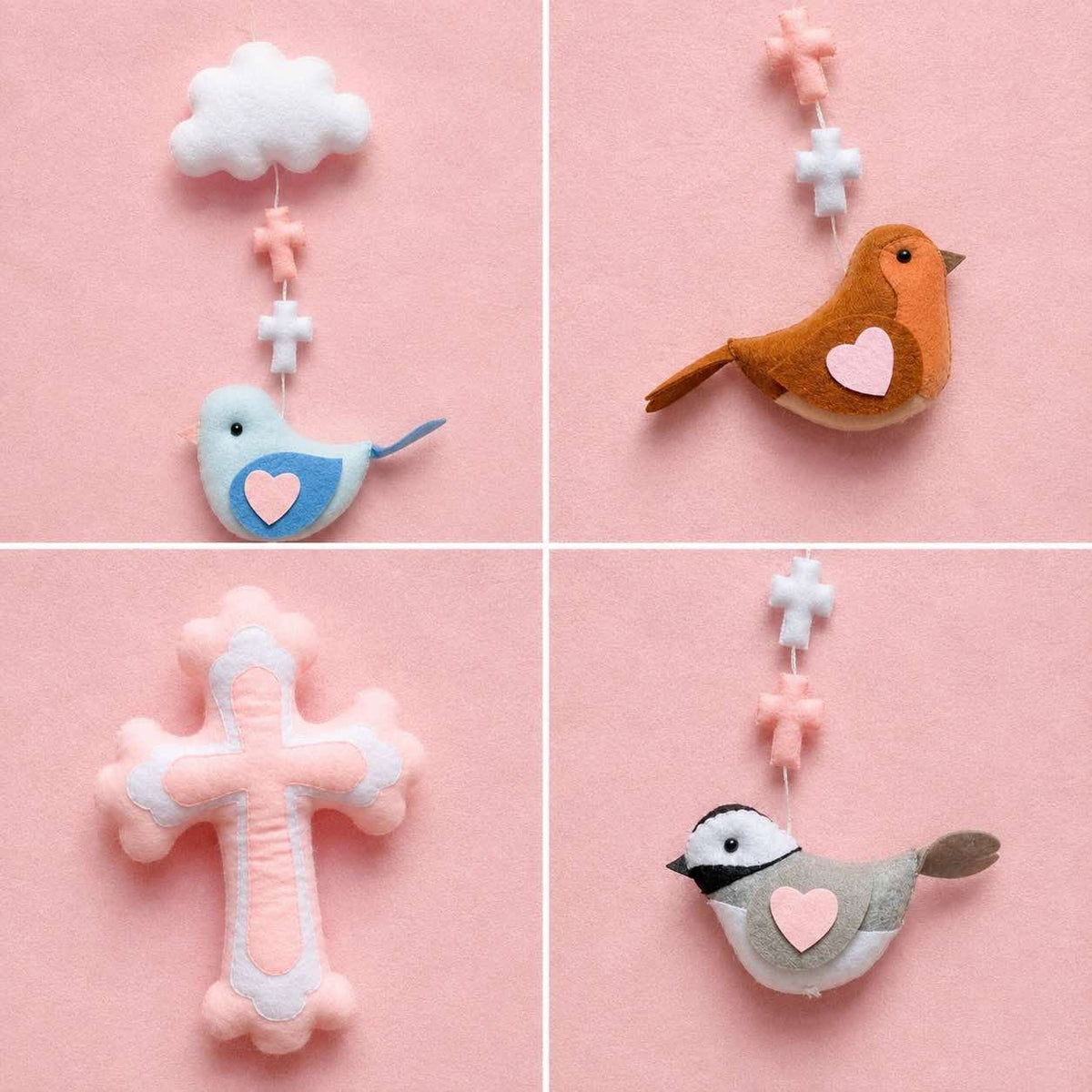 Personalized Pink Christian Cross Felt Baby Mobile, Handmade Bird Nursery Crib Mobile, Baptism Gift and Baby Girl Room Decor BBMB15