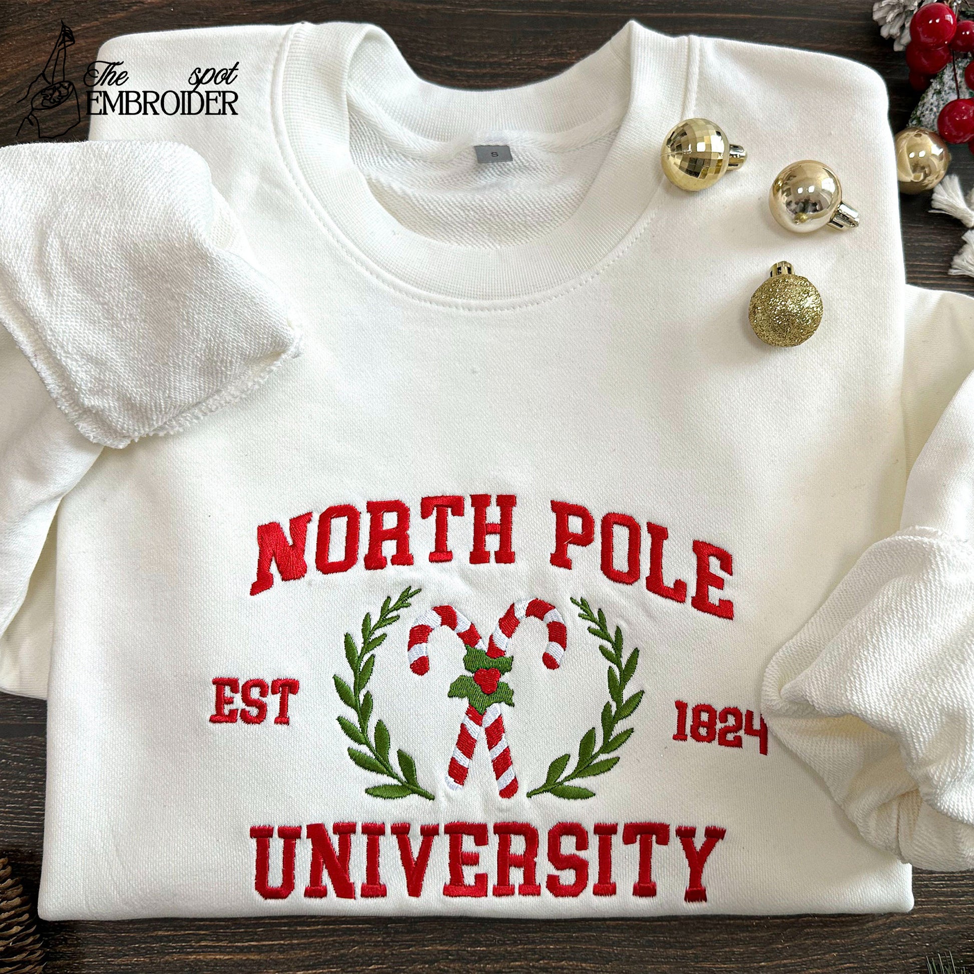 North Pole University Embroidered Sweatshirt, Christmas Embroidery,Christmas Embroidered Hoodie, Christmas Candy Sweater,Christmas Gift