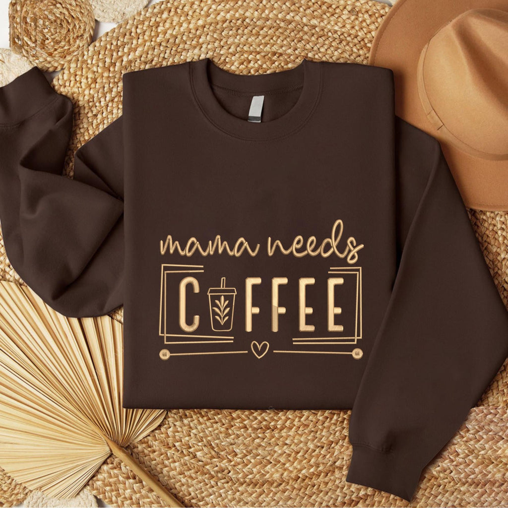 Mama Needs Coffee Sweatshirt – Funny Mom Tee with Iced Coffee Embroidery, Mom Coffee Sweatshirt, Cozy Gift for Coffee Lovers