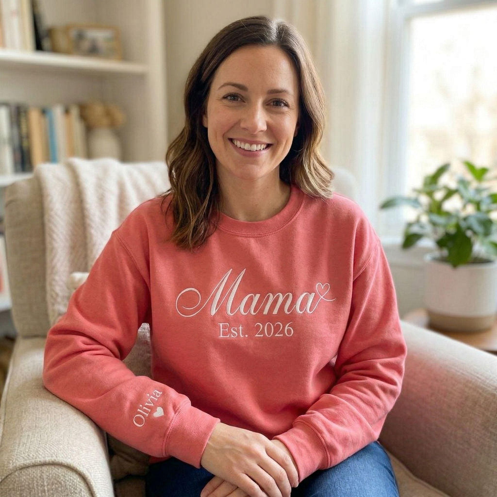 Custom Embroidered Mama Grandma Sweatshirt & Hoodie, Name On Sleeve With Heart, Gift For New Mom, Mothers Day Gifts